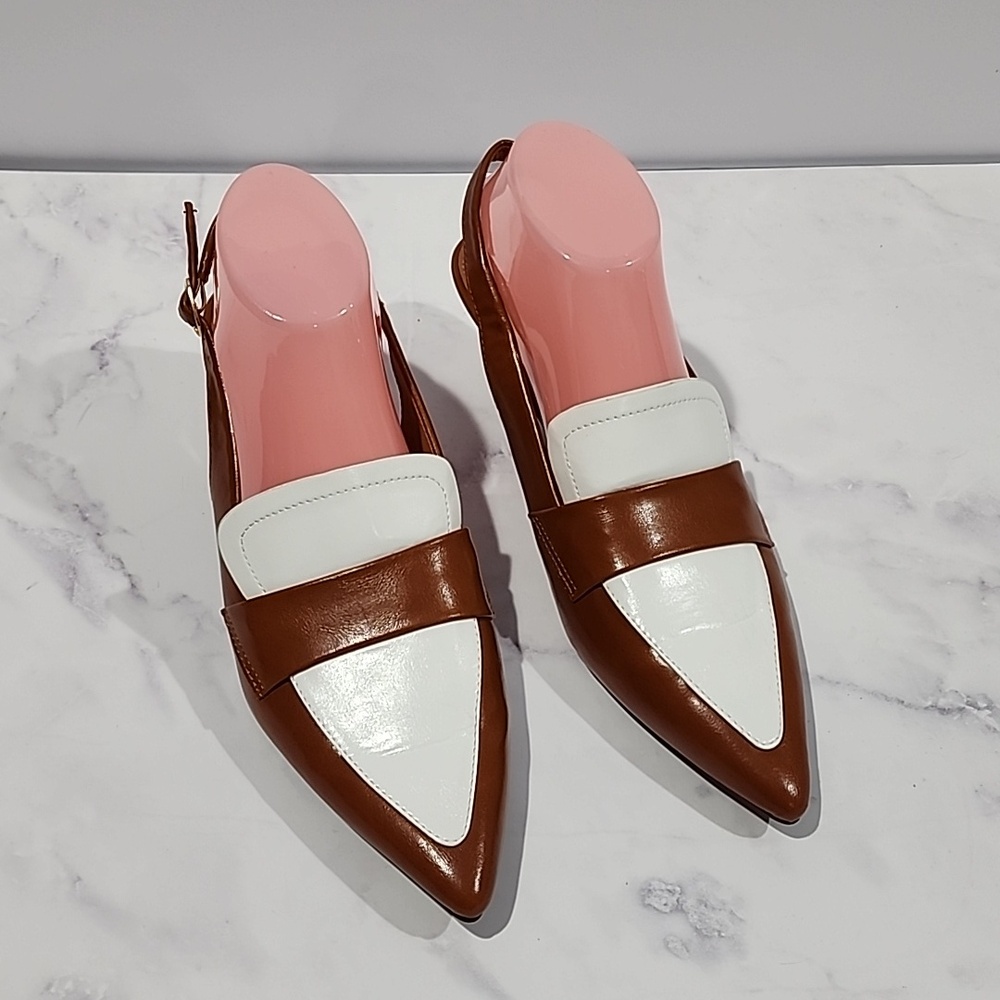 Coutgo Elegant Low Heel Brown and White Slingback Shoes